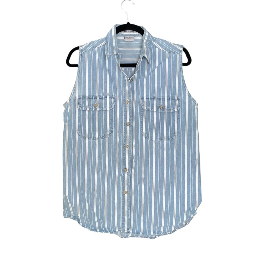 SANTA BARBARA Vintage Cotton Sleeveless Striped Button Front Blouse Blue White M